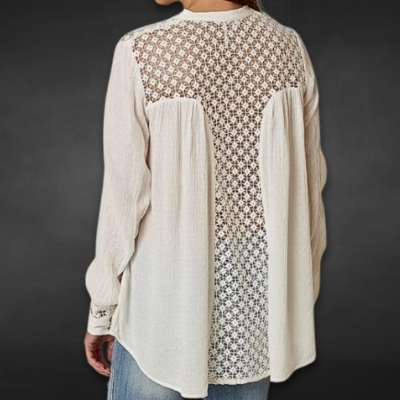 Free People Blouse Lace Inset Button Front‎ Long Sleeves High-Low Hem White W M - Picture 2 of 12